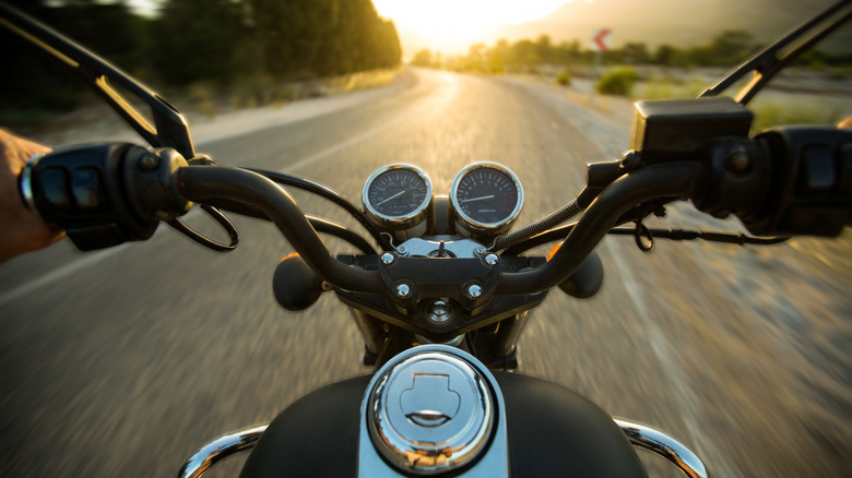 First-person shot of a rider traveling on a motorcycle
