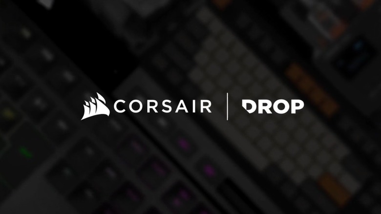 I screenshot showing the Corsair and Drop logos with a background showing multiple keyboards