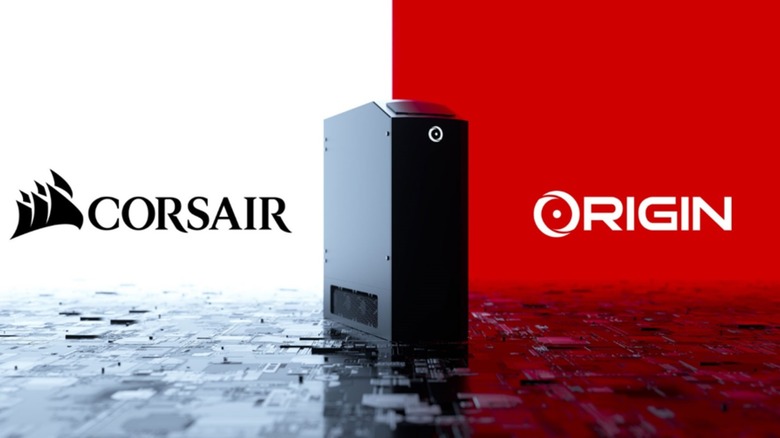 An image showing Corsair and Origin PC logos together, with a custom background