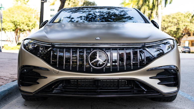 Close-up of front of Mercedes-Benz EQS.