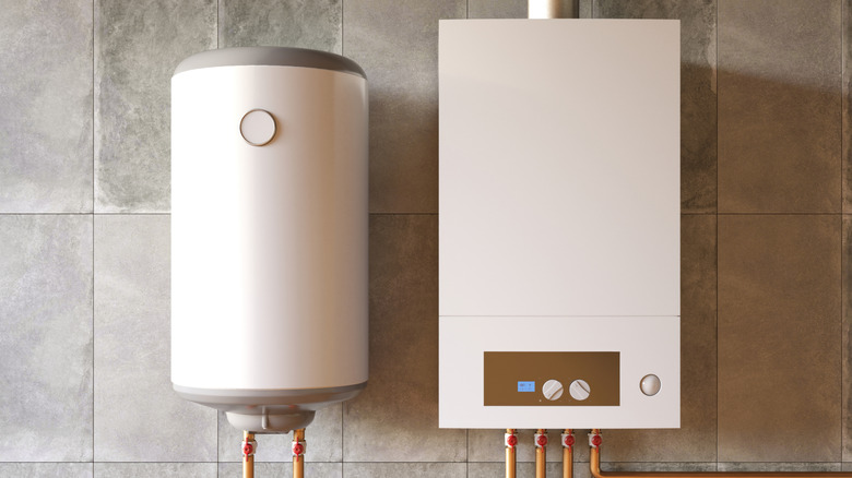 Water heater on wall in basement