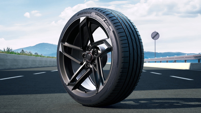 Hankook Ventus Evo tire mounted on wheel with test track in background