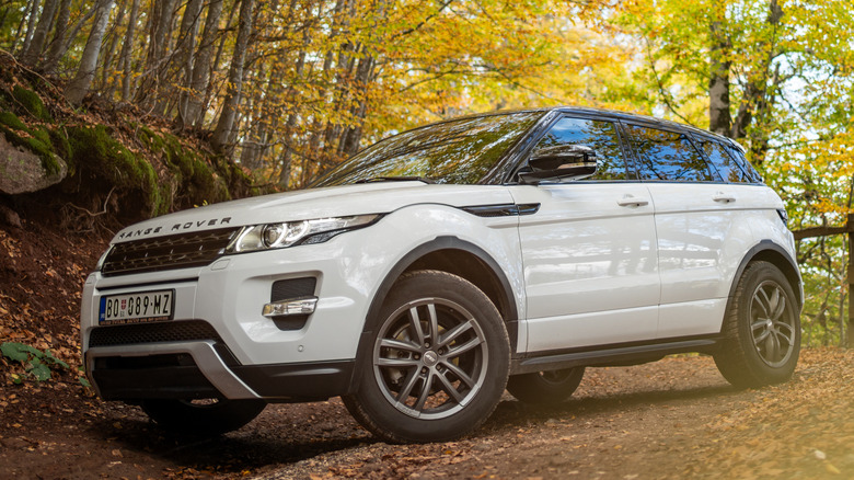 Range Rover driving on dirt road in forested setting