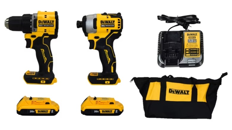 DeWalt Atomic 20V Max Brushless 2-Tool Combo Kit components on a white background