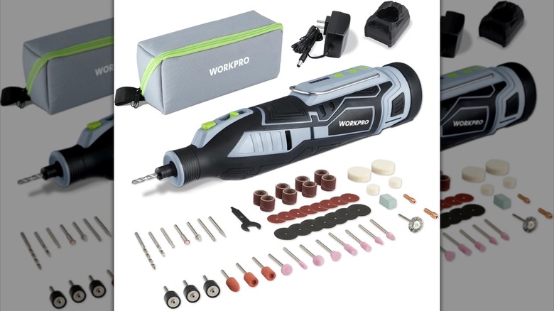 A stock image of a WorkPro rotary tool kit.