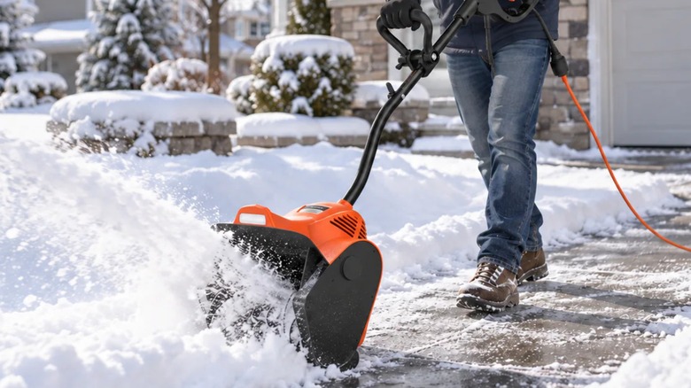 A person using a Yard Force electric snow shovel on a driveway.