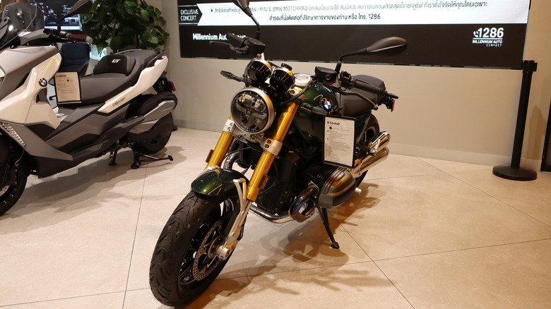 BMW R 12 nine T motorcycle parked indoors in Millennium Auditorium