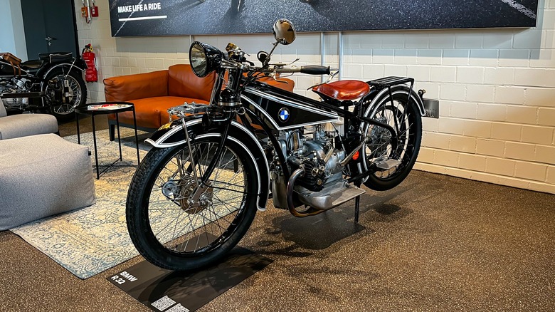 BMW R 32 classic bike being displayed at BMW Motorradwerk.