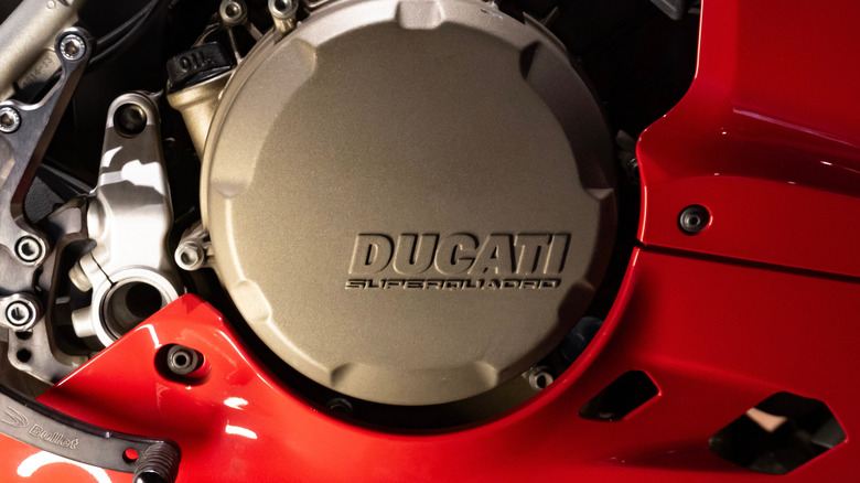 Close up of engine cover on a Ducati Superquadro engine