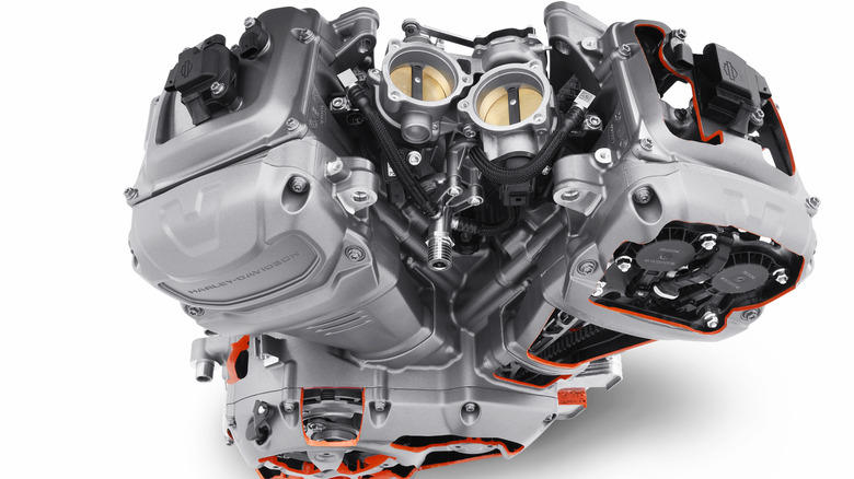 Harley-Davidson Revolution Max 1250 V-twin engine in partial cutaway showing internal components