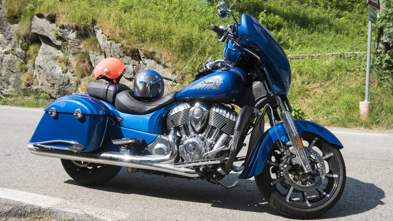 Indian motorcycle with V-twin engine parked on the roadside