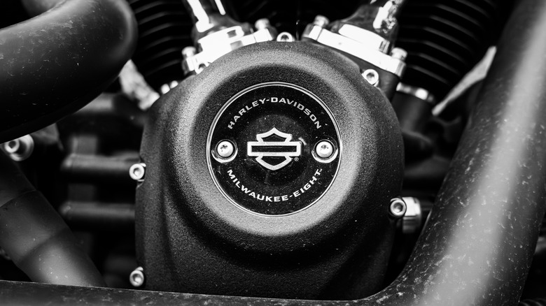 Close up of engine cover on a Harley-Davidson Milwaukee-Eight engine