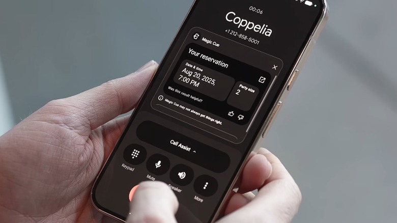 Pixel 10 smartphone showing reservation details on screen during a phone call