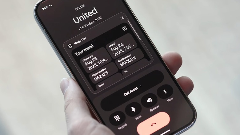 Magic Cue showing flight details during a phone call on a Google Pixel 10