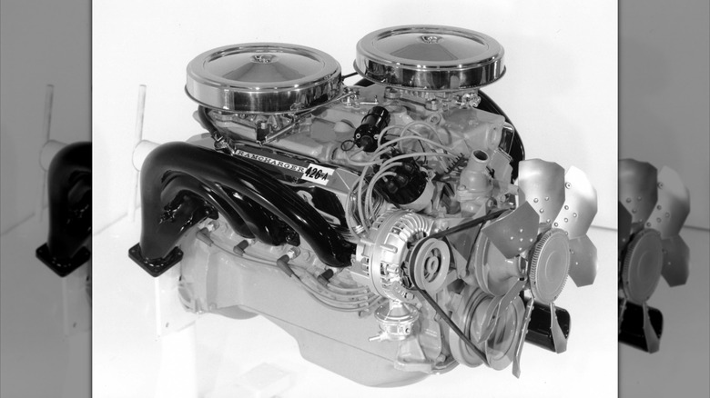 Close-up of 426 Max Wedge engine, front-right view