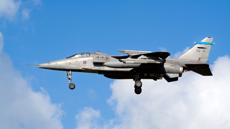A SEPECAT Jaguar arriving at Leeuwarden airbase in the Netherlands with its gear down