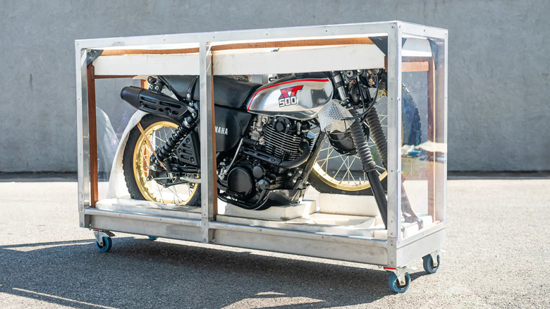 An unused example of the Yamaha XT500 still in its shipping crate