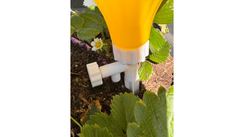 A 3D-printed drip irrigator installed in a pot