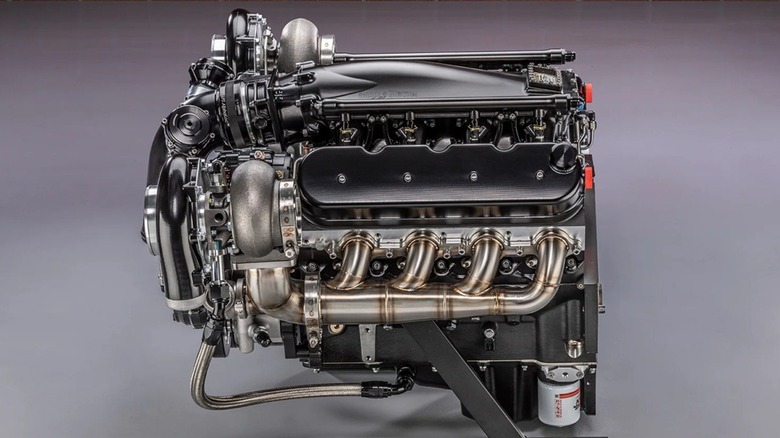 Nelson Racing Engines twin-turbo LS 427 on a stand