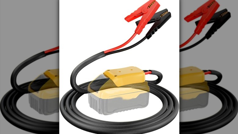 Jumper cables with DeWalt battery adapter on a white background