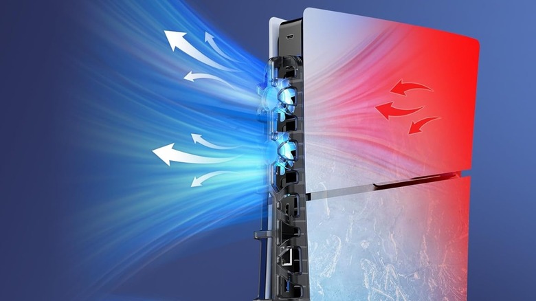 An edited picture of a PlayStation 5 with the Nexigo cooling fan installed showing console cooling