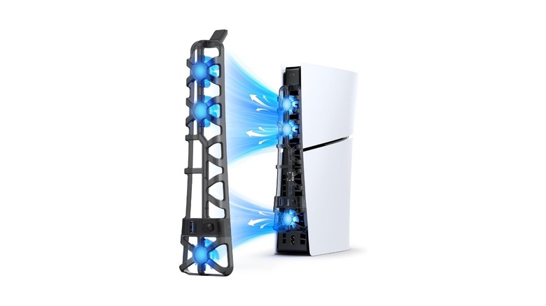 An edited image showing the Nexigo PS5 silent cooling fan extracting air from a PlayStation 5