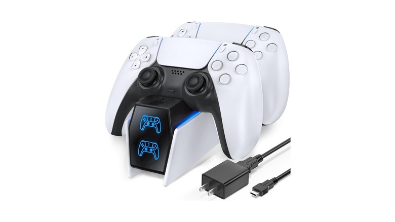 An Oivo charging dock for PS5 controllers with two DualSense controllers on top