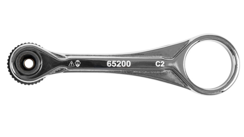 Silver Klein Tools Mini Ratchet laid out on a white background