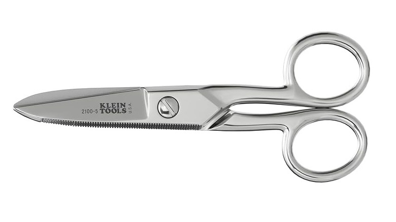 Silver Klein Tools Electrician Scissors on white background