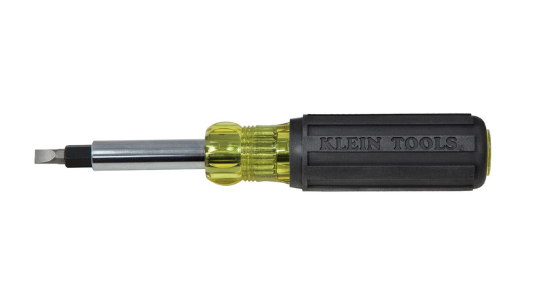 Klein Tools Mini Screwdriver with yellow and black handle on a white background