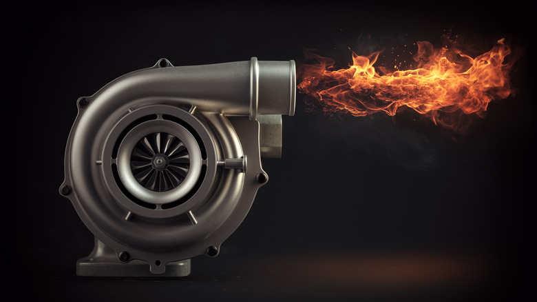 Illustration of generic turbocharger with flames coming out of outlet