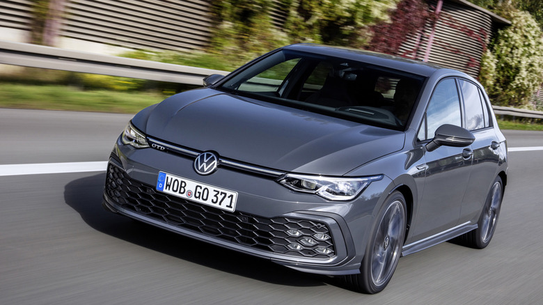 2021 Volkswagen Golf GTD turbo diesel, a typical compact turbo hatchback, front-left 3/4 view