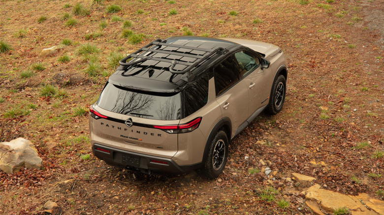 A 2025 Nissan Pathfinder Rock Creek seen from above, on grassland.