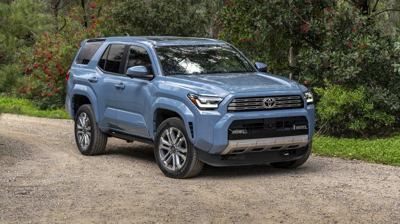 A bule 2025 Toyota 4Runner SUV seen from front left, parked on a trail.