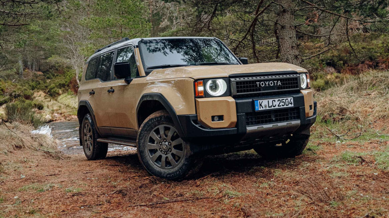 A 2024 Toyota Land Cruiser seen from front left on a forest trail.