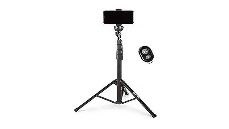 Black Amazon Tripod with wireless remote on a white background
