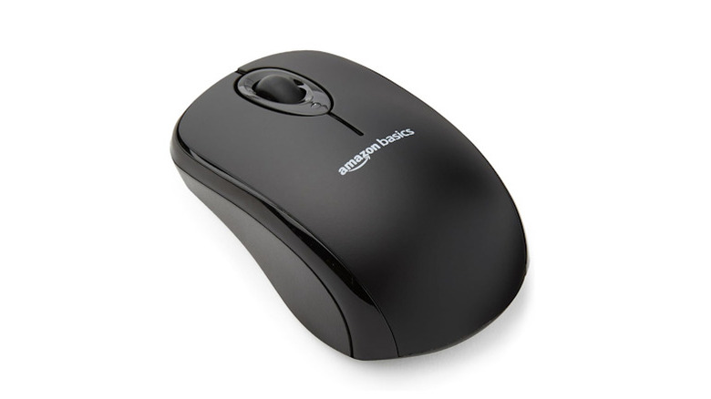 Black wireless mouse with a white Amazon Basics logo on a white background