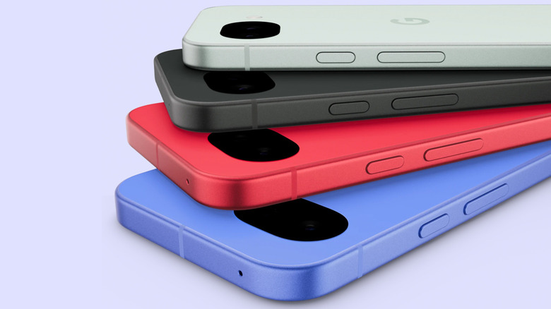 Several Pixel 10a phones in different colors stacked atop one another