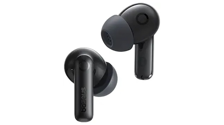 Black earbuds isolated against a white background