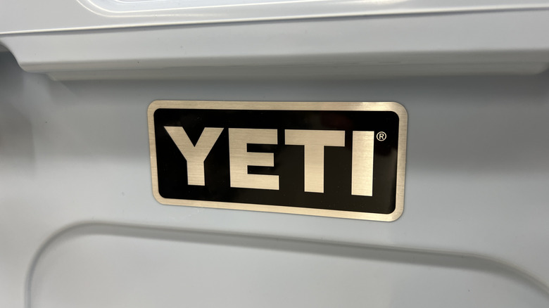 closeup of yeti logo on gray cooler