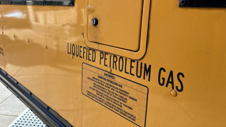 Liquified petroleum gas warning label on a schoolbus in Louisiana