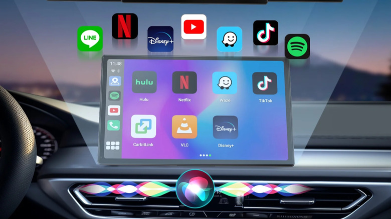 A car display running entertainment and navigation apps like Netflix and TikTok.
