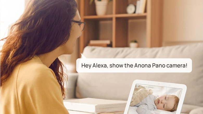 A woman instructing Alexa to show her infant on the Anona Pano camera