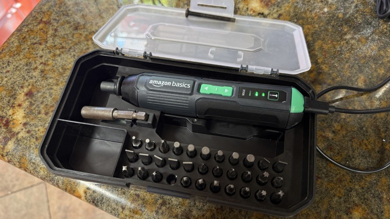 Amazon Basics by Skil 4V Cordless Screwdriver charging in case