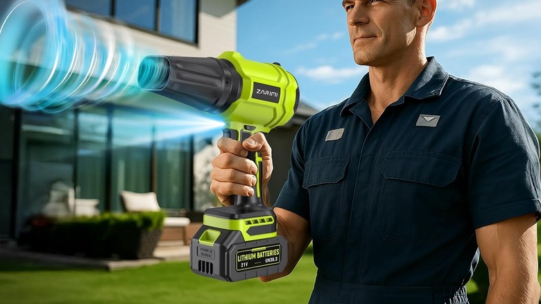 A person in mechanic overalls using the YUQUESEN leaf blower, animated wind trajectory