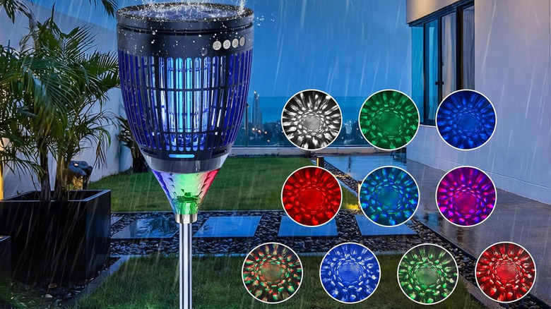 Mosquito zapping light with depiction of its ten types of programmable lighting alongside