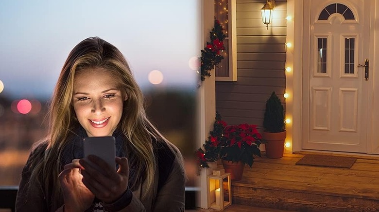 A woman controlling outdoor lighting with the Kasa smart plug app