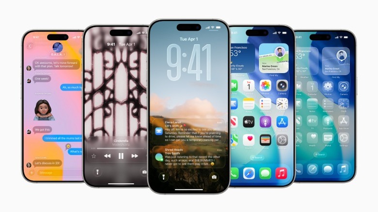 five iPhones side by side showing the new iOS 26 features