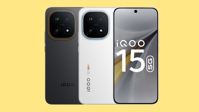 The latest iQOO 15 smartphone in two colors shown from the front and back