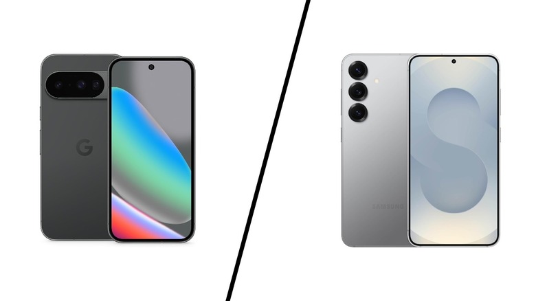 Google Pixel 10 and Samsung Galaxy S25 on a white background separated by a vertical line